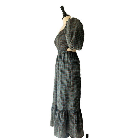 NWT WAYF Cutout Smocked Midi Dress in Blue and Brown Plaid Print Size M - Picture 2 of 7